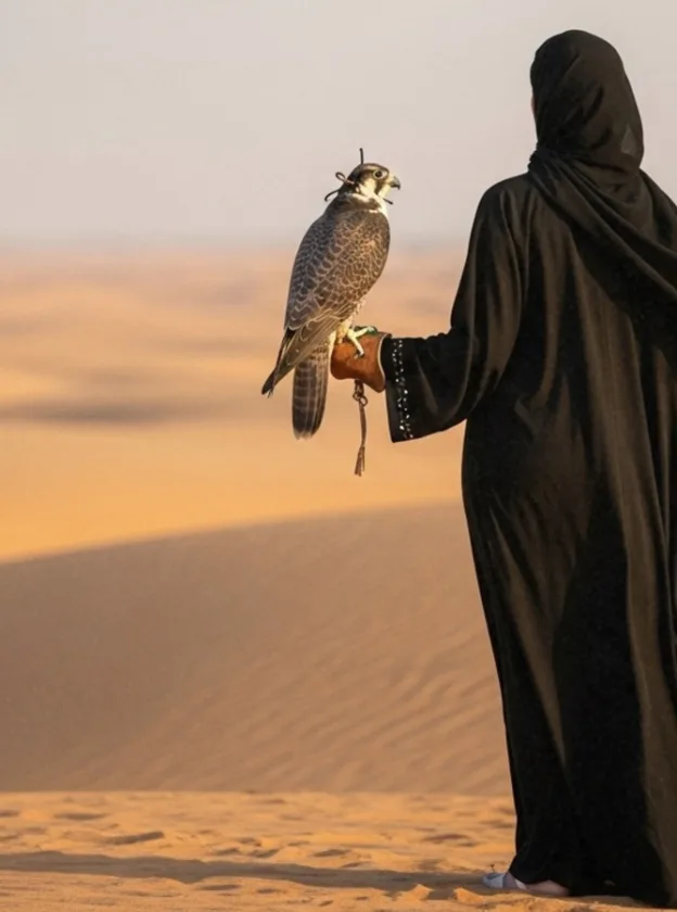 Falcon held on a gloved hand in the Abu Dhabi desert