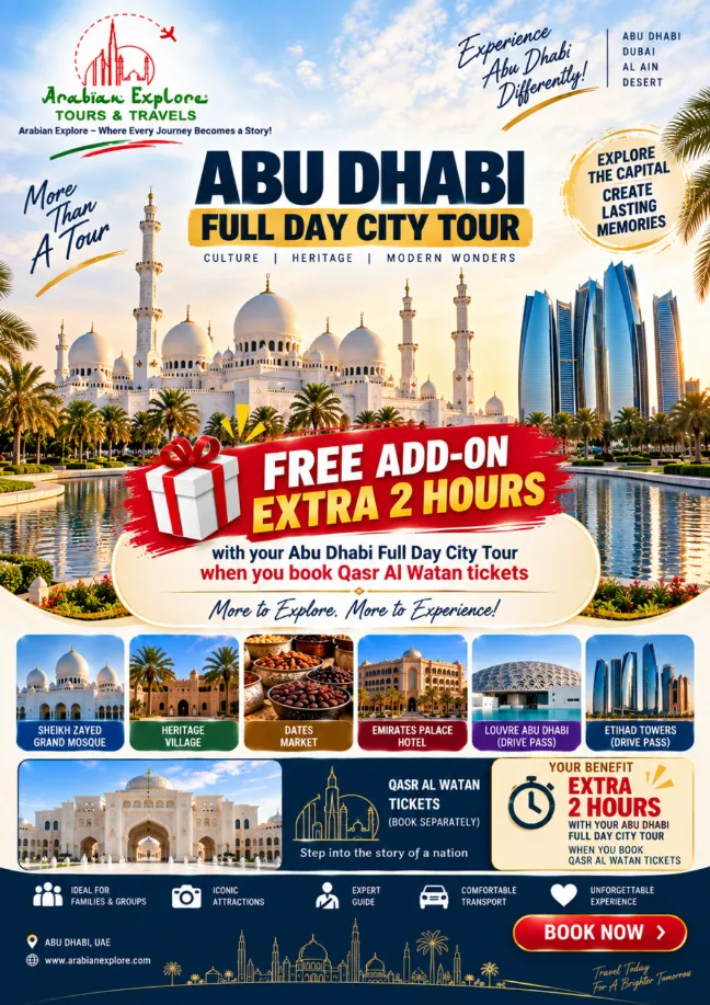 Poster: Abu Dhabi full day city tour, free extra 2 hours when booking Qasr Al Watan tickets