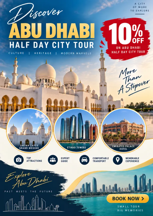 Poster: Discover Abu Dhabi half day city tour, 10% off, with the Sheikh Zayed Grand Mosque