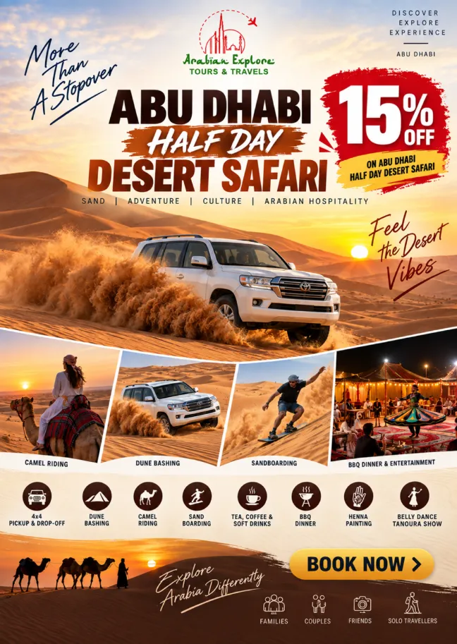 Poster: Abu Dhabi half day desert safari, 15% off, with a 4x4 in the dunes