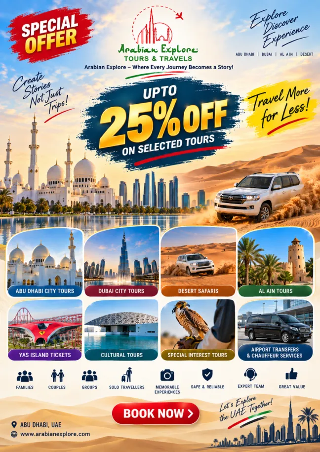 Poster: Arabian Explore special offer, up to 25% off selected tours