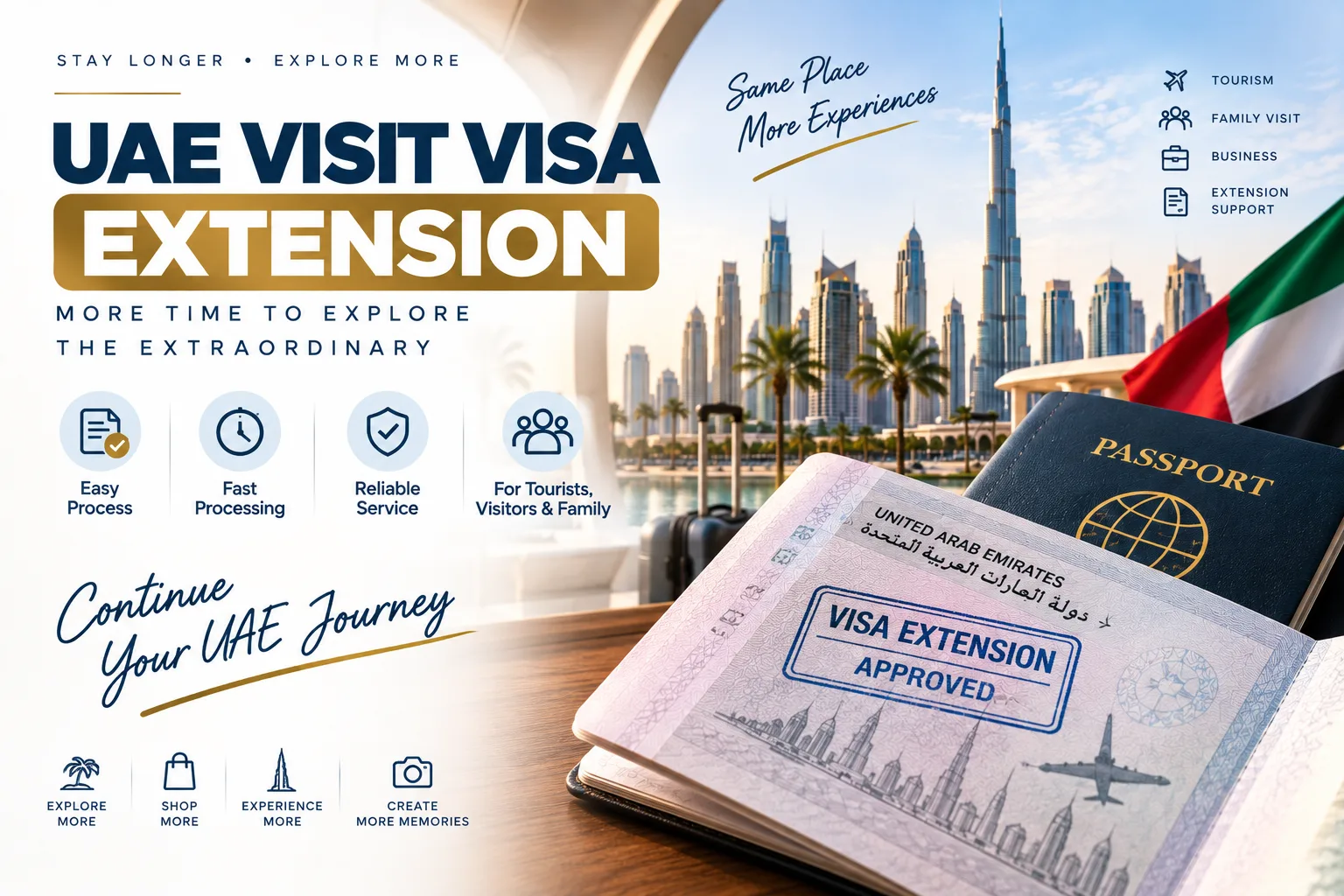 UAE visit visa extension service for tourists, visitors and families, featuring a passport and Dubai skyline.