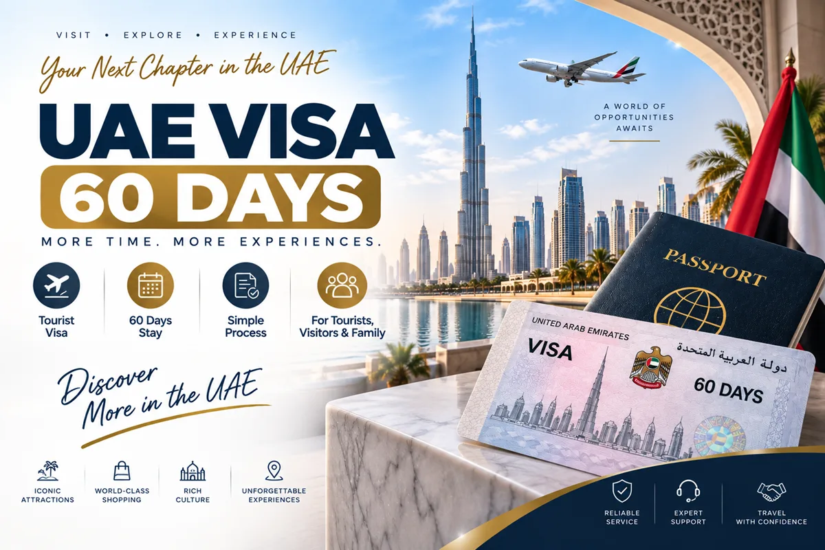 UAE 60-day tourist visa service for visitors and families, featuring Dubai skyline, passport and UAE travel visa.