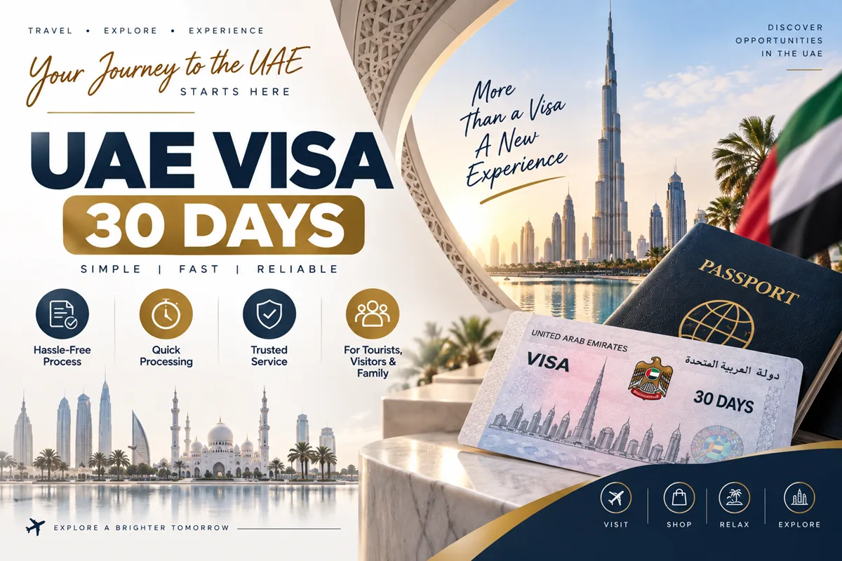 UAE 30-day visa service for tourists and visitors, featuring Dubai skyline, passport and UAE travel visa.