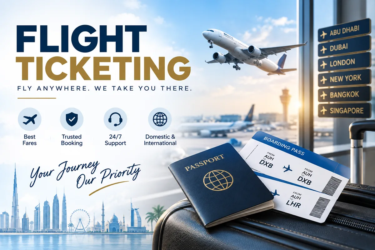 Flight ticketing and airline booking service for domestic and international travel with competitive fares and worldwide destinations.