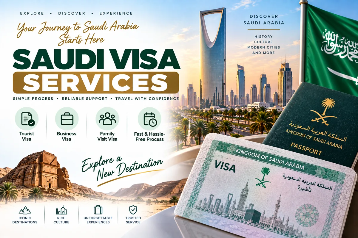 Saudi visa services for tourists, business travellers and family visitors, featuring Saudi Arabia landmarks, passport and visa assistance.