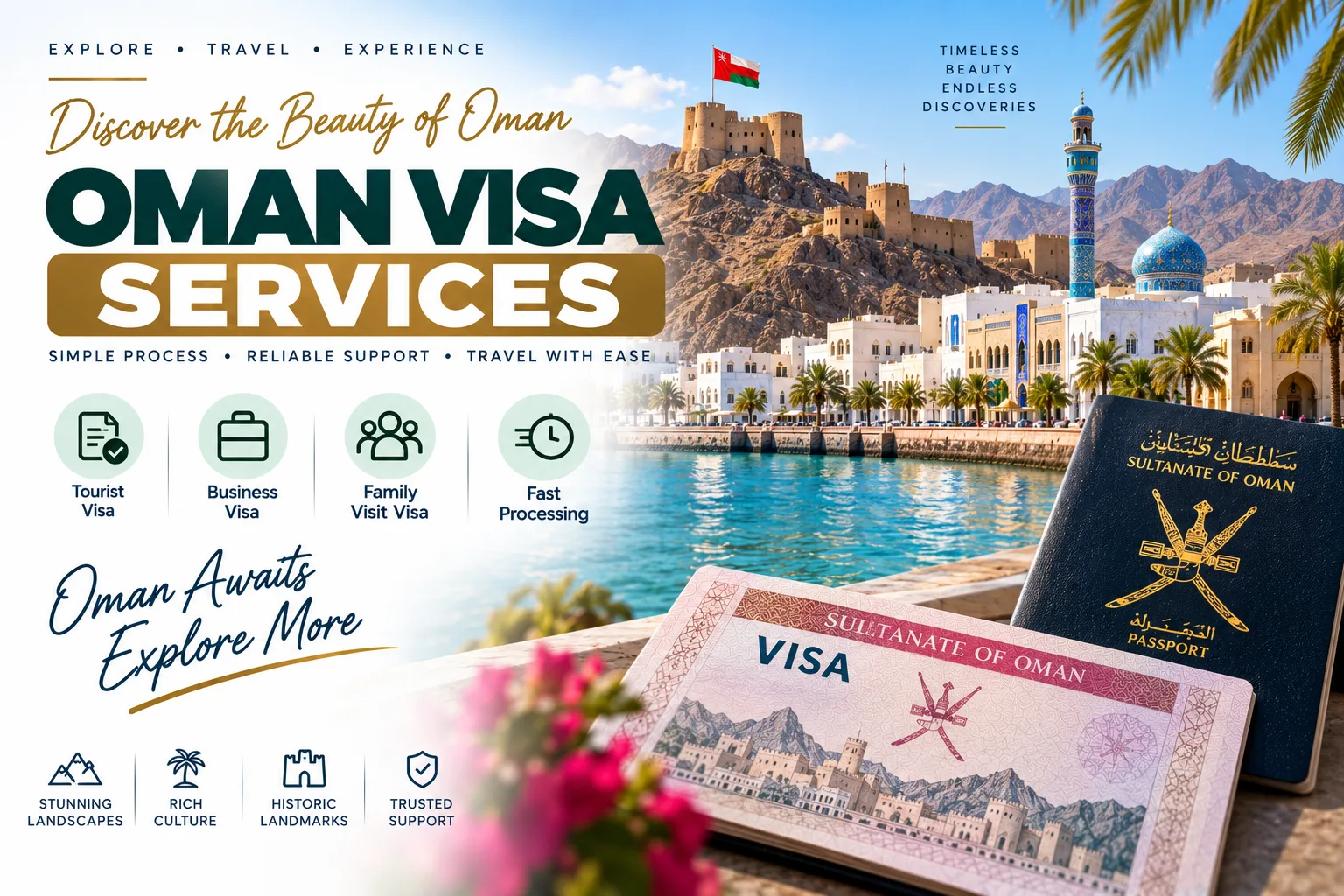 Oman visa services for tourists, business travellers and family visitors, featuring Oman landmarks, passport and visa assistance.