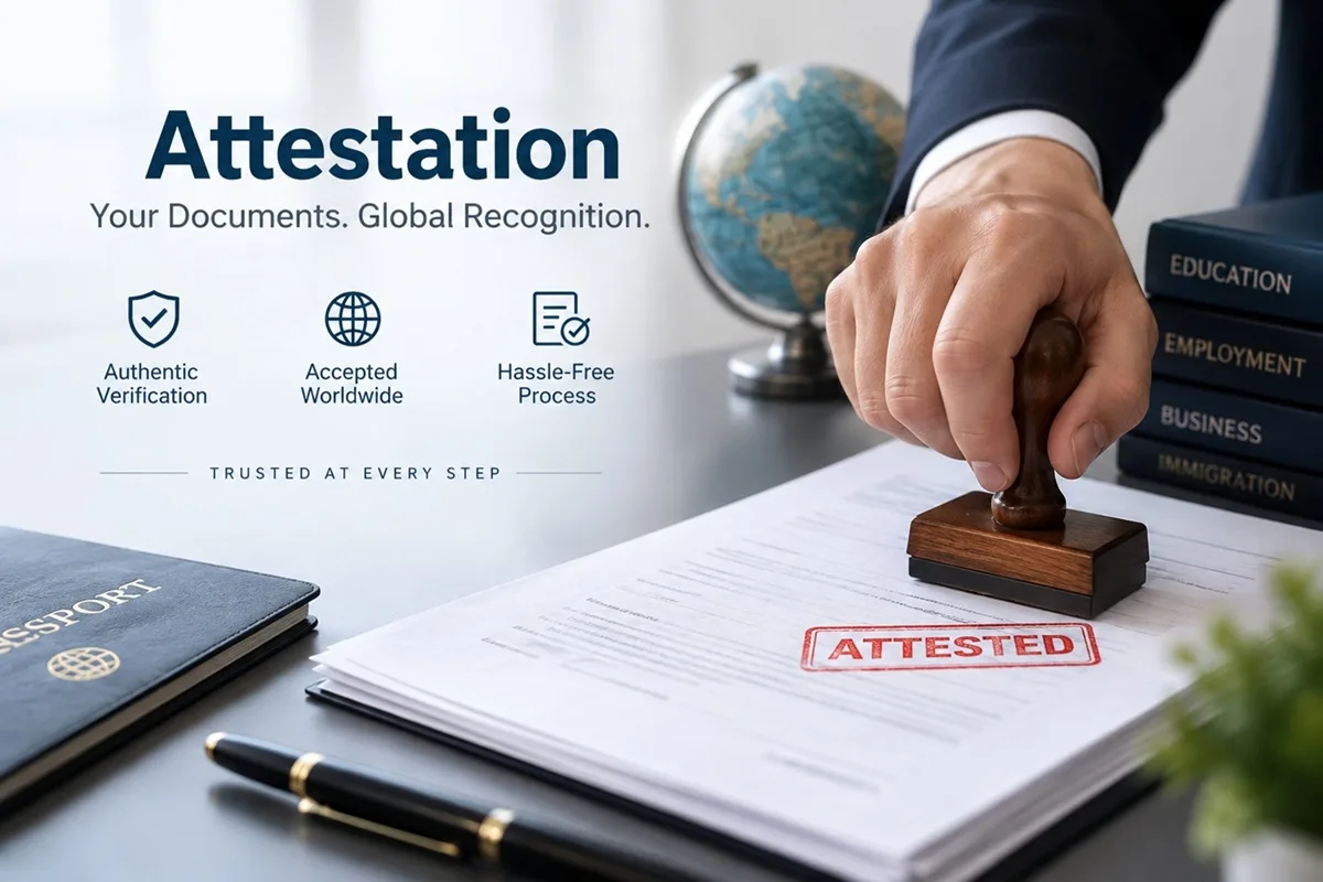 Professional document attestation service with official stamp, passport and verified documents for international use.