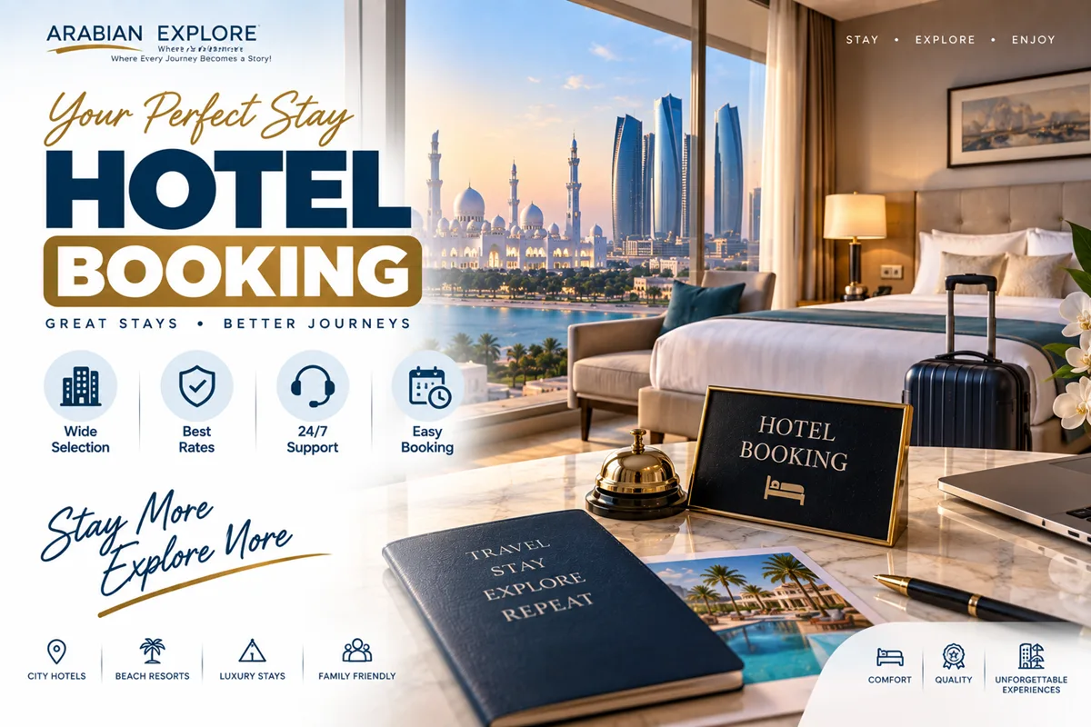 Hotel booking service for UAE and international travellers, featuring luxury accommodation, easy reservations, competitive rates and travel support.