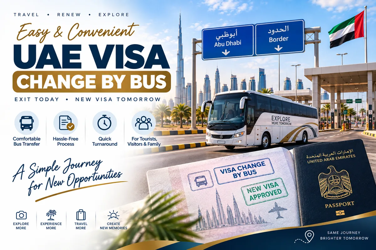 UAE visa change by bus service for tourists and visitors, featuring comfortable bus transfer, passport and UAE skyline.