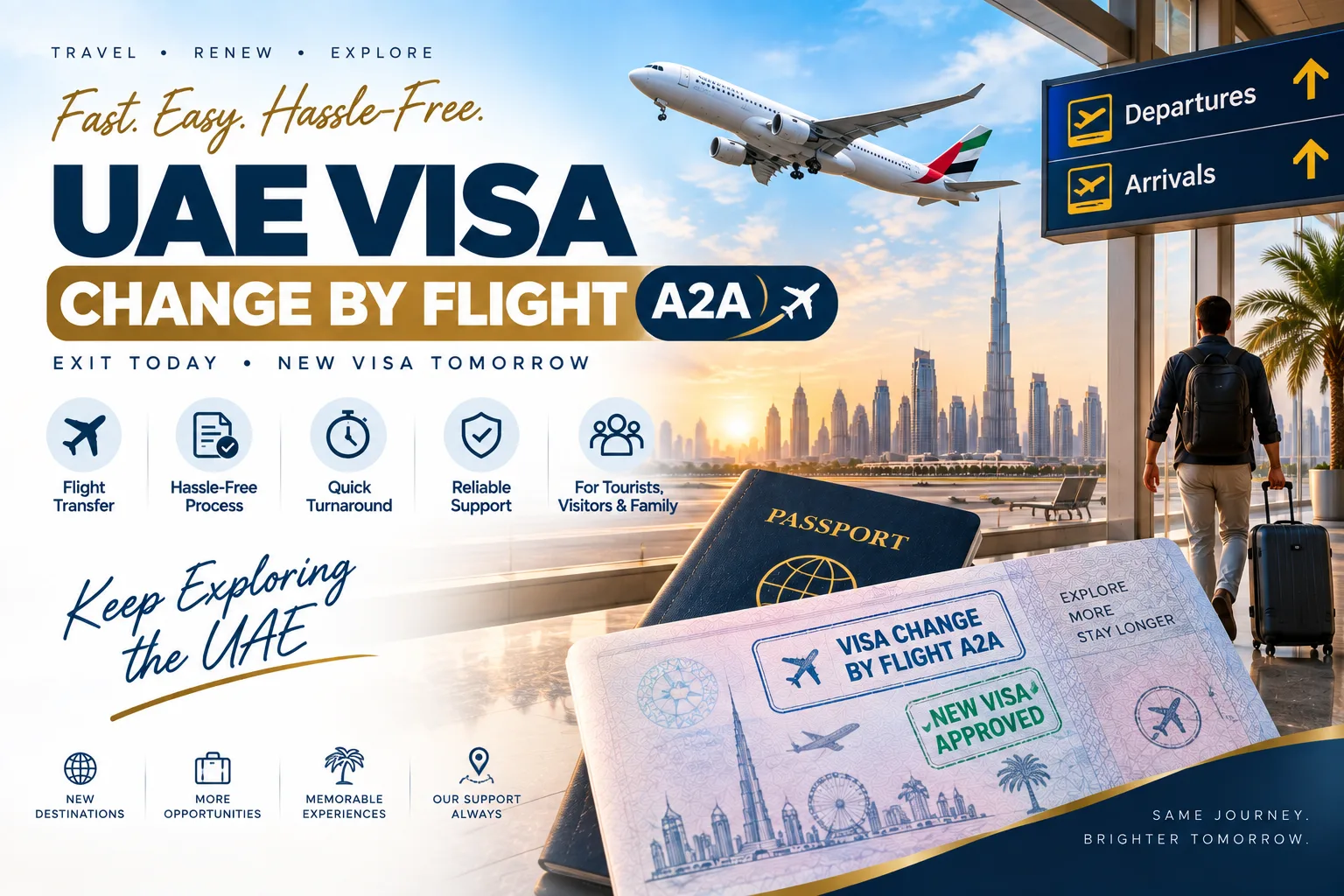 UAE visa change by flight A2A service for tourists and visitors, featuring air travel, passport and UAE visa processing.