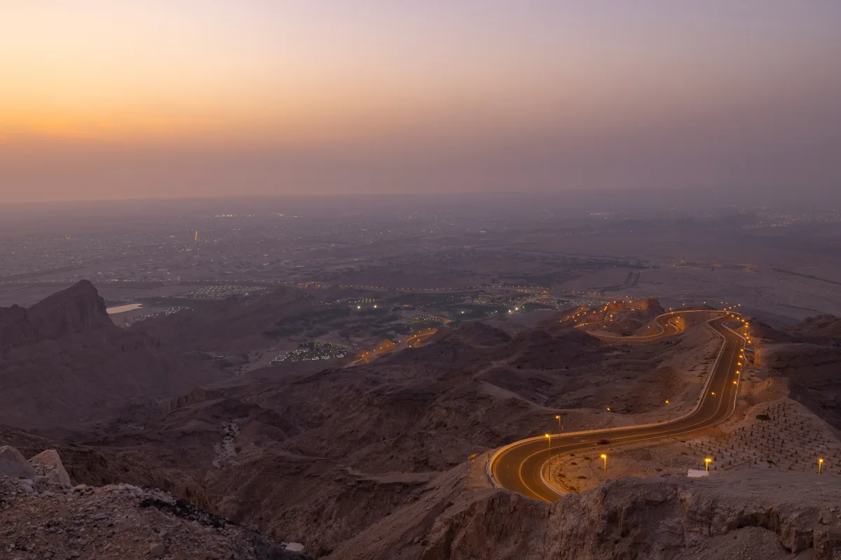 The mountain road up Jebel Hafeet in Al Ain at dusk