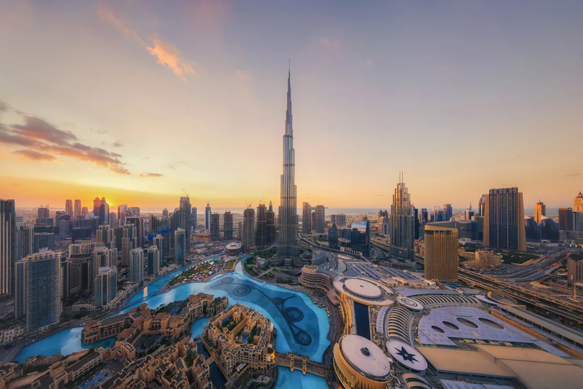 The Dubai skyline and Burj Khalifa at sunset