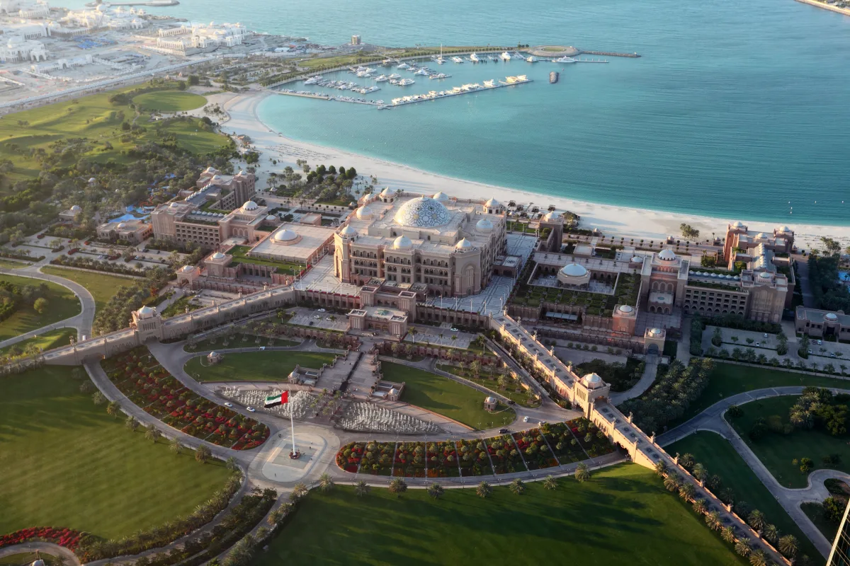Resorts and beaches on Yas Island, Abu Dhabi, from the air