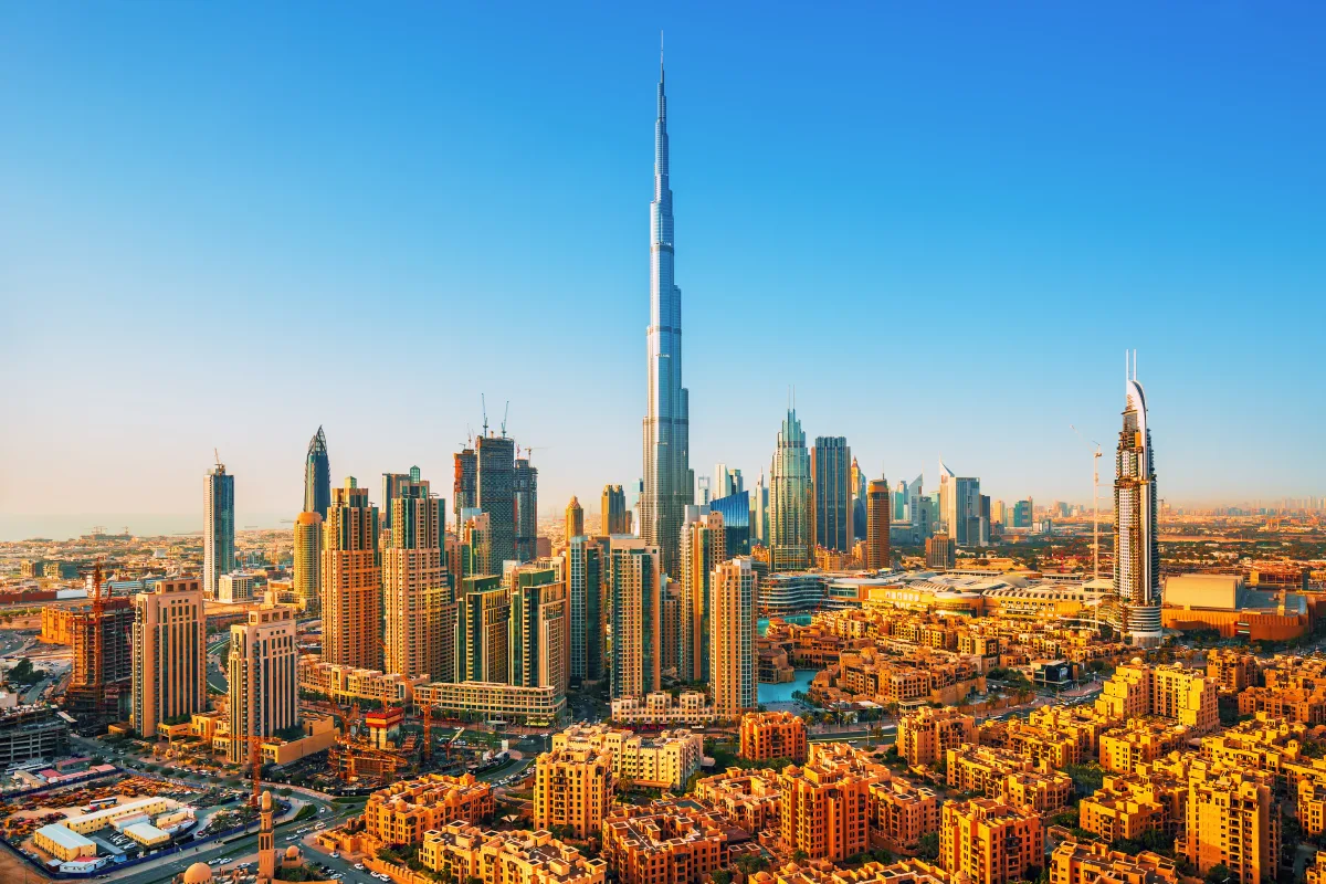 The Dubai skyline with Burj Khalifa on a sunny day