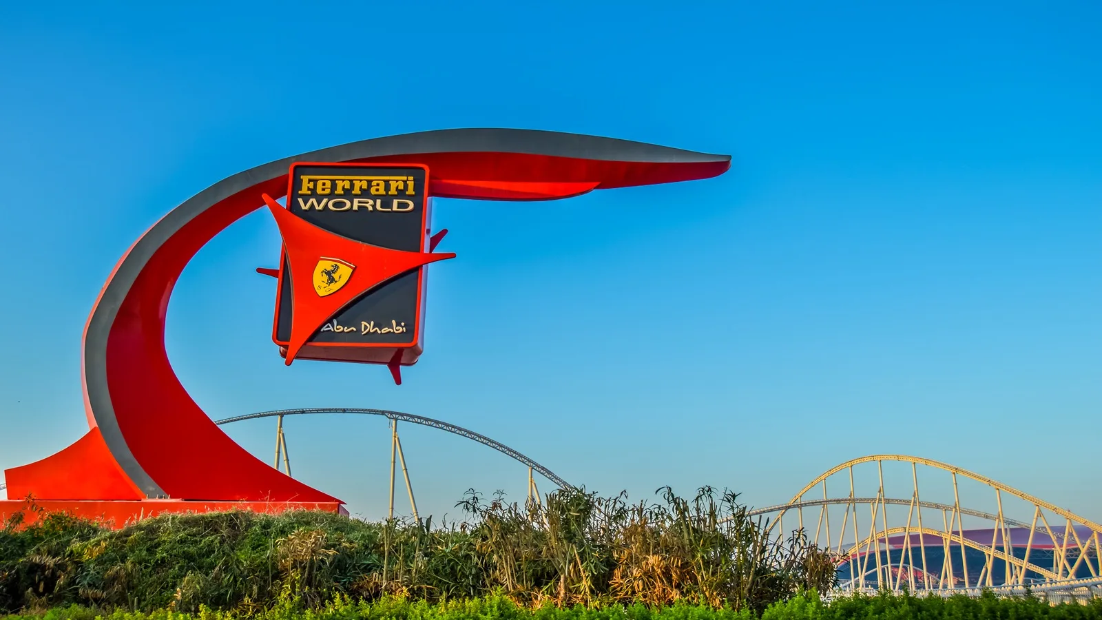 Ferrari World Abu Dhabi entrance signboard displaying the iconic Ferrari World logo