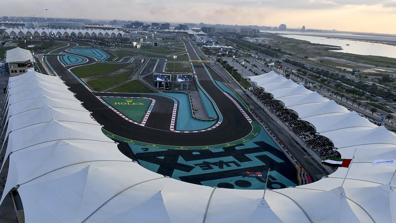 Aerial view of Yas Marina Circuit Formula 1 race track and surrounding Yas Island in Abu Dhabi