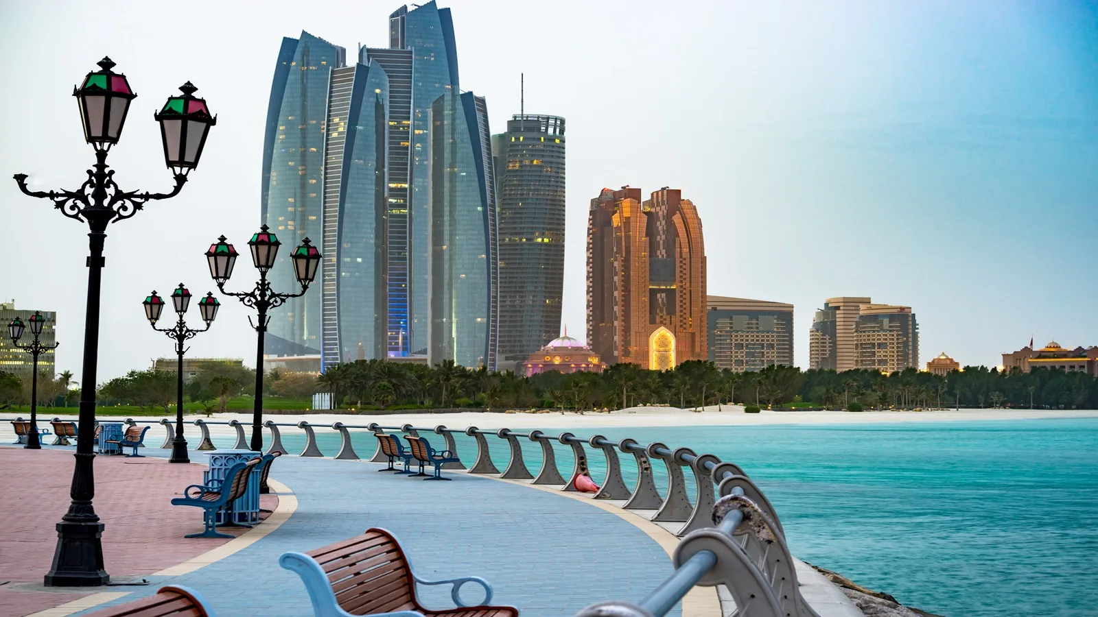 Abu Dhabi Corniche waterfront and Etihad Towers skyline during the Abu Dhabi Full Day City Tour