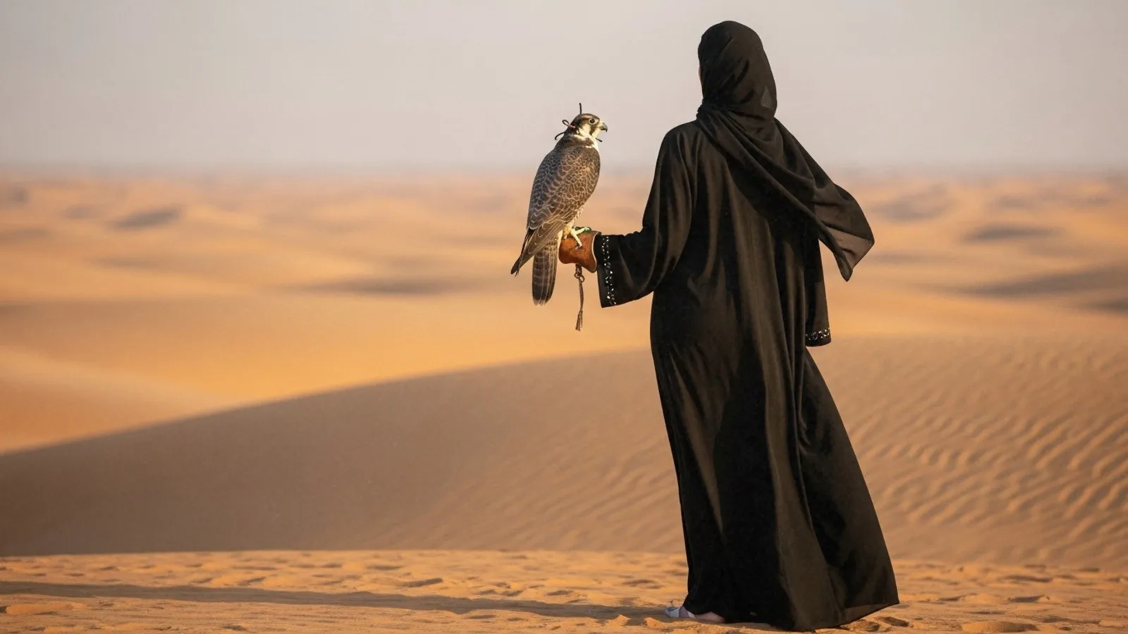 Falcon perched on a visitor’s hand during a Half Day Desert Safari in Abu Dhabi